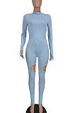 Light Blue Women Fashion Sexy Hole Pure Color Ribber Anchored Pants Bodycon Jumpsuits AGY68522-1