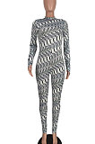 Gray Women Fashion Printing Long Sleeve Sexy Bodycon Jumpsuits AGY68521