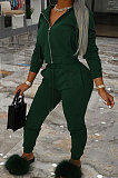 Dark Green Sports Long Sleeve Hoodie Pencil Pants Plain Color Sets XMY081-1