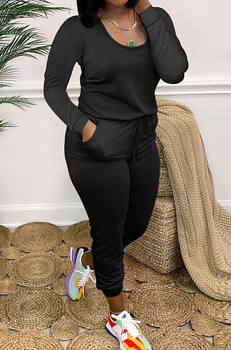 Black Casual Solid Color Long Sleeve Round Neck Zip Back Collect Waist Slim Fitting Jumpsuits XXR3002-4