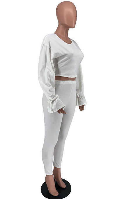Black Wholesale Horn Sleeve Round Neck Crop Tops Skinny Pants Plain Color Sets XXR3003-1