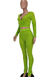 Neon Green Women Cotton Blend Fashion Casual Pure Color Long Sleeve V Collar Ruffle Pants Sets AGY68512-3