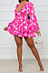 Pink Women Autumn Winter V Collar Hollow Out Tied Tight Printing Flounce Mini Dress AYM5039-2