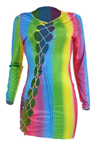 Rainbow Women Trendy Sexy Bandage Printing Mid Waist Round Collar Mini Dress AGY68514