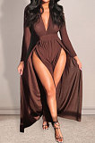 Coffee Euramerican Women Sexy Fashion Solid Color Deep V Collar Skinny Split Mid Waist Long Dress AGY68516