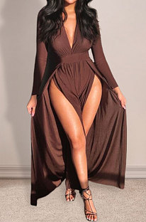 Coffee Euramerican Women Sexy Fashion Solid Color Deep V Collar Skinny Split Mid Waist Long Dress AGY68516