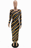 Brown Night Club Letter Printing Long Sleeve Round Neck Slim Fitting Pencil Dress QC8046