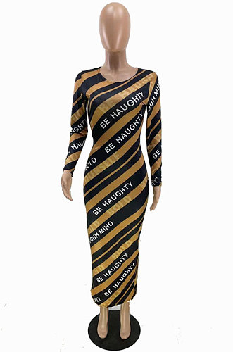 Brown Night Club Letter Printing Long Sleeve Round Neck Slim Fitting Pencil Dress QC8046