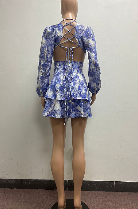 Red Women Autumn Winter V Collar Hollow Out Tied Tight Printing Flounce Mini Dress AYM5039-3