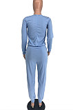 Blue Casual Solid Color Long Sleeve Round Neck Zip Back Collect Waist Slim Fitting Jumpsuits XXR3002-3
