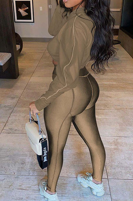 Gray Women Fashion Casual Dew Waist Pure Color Bodycon Pants Sets ED1072-1