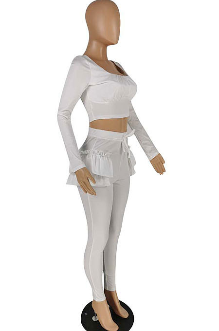 Black Pure And Fresh Women Long Sleeve Square Neck Ruffle Crop Top Trousers Solid Color YYZ943-2