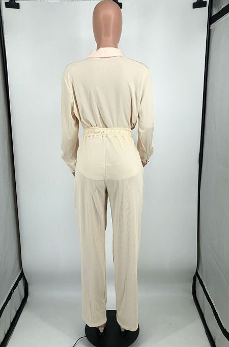Light Pink Ribber New High Quality Long Sleeve Lapel Neck Shirts Wide Leg Pants Plain Color Sets YM221-3