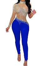 Blue Women Fashion Sexy Casual Perspectivity Skinny Hot Drilling Bodycon Jumpsuits CCY9279-3