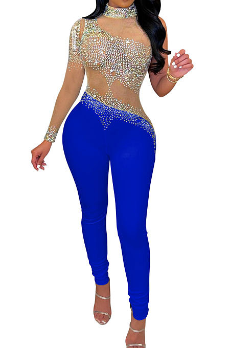 Blue Women Fashion Sexy Casual Perspectivity Skinny Hot Drilling Bodycon Jumpsuits CCY9279-3