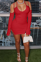 Red Night Club Sexy Ribber Off Shoulder Condole Belt Solid Color Hip Dress YLY196-2