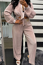 Light Pink Ribber New High Quality Long Sleeve Lapel Neck Shirts Wide Leg Pants Plain Color Sets YM221-3