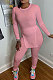 Pink Sexy Ribber Long Sleeve Round Neck Slit Tops Skinny Pants Slim Fitting Solid Color Sets XXR3008-2