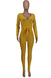 Green New Ribber Long Sleeve V Neck Beltband Slim Fitting Solid Color Jumpsuits ZDD31171-2