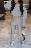 Gray Women Fashion Casual Dew Waist Pure Color Bodycon Pants Sets ED1072-1