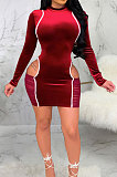 Wine Red Night Club Spliced Long Sleeve O Neck Hollow Out Slim Fitting Hip Dress SMR10699-2