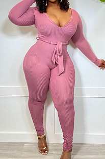 Pink New Ribber Long Sleeve V Neck Beltband Slim Fitting Solid Color Jumpsuits ZDD31171-3