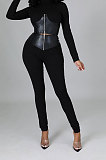 Apricot Fashion Half Turtle Neck Long Sleeve Zipper Spliced Tight Pants Sets CCY9280-3