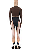 Dark Brown Women Pure Color Long Sleeve Top Printing Pants Sets AYB6119-1