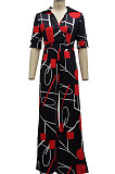 Red Pink Fashion Digital Printing Half Sleeve V Neck Collect Waist Wide Leg Jumpsuits SMR10686-2