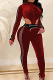 Wine Red Women Autumn Winter Dew Waist Korea Velvet Plaid Spliced Bodycon Jumpsuits AMM8369-3