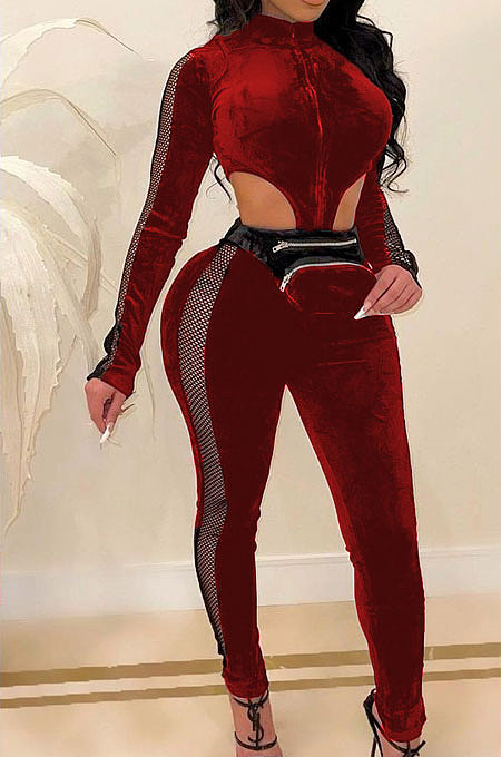 Wine Red Women Autumn Winter Dew Waist Korea Velvet Plaid Spliced Bodycon Jumpsuits AMM8369-3