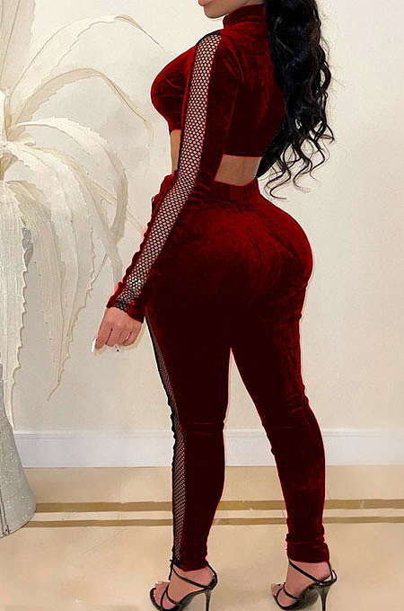 Black Women Autumn Winter Dew Waist Korea Velvet Plaid Spliced Bodycon Jumpsuits AMM8369-2