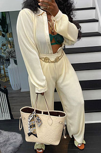 Cream White Ribber New High Quality Long Sleeve Lapel Neck Shirts Wide Leg Pants Plain Color Sets YM221-4