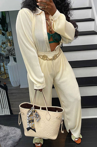 Cream White Ribber New High Quality Long Sleeve Lapel Neck Shirts Wide Leg Pants Plain Color Sets YM221-4