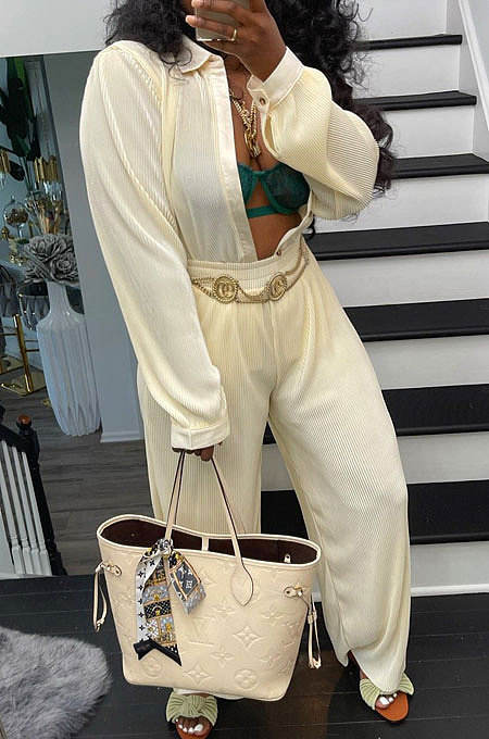 Cream White Ribber New High Quality Long Sleeve Lapel Neck Shirts Wide Leg Pants Plain Color Sets YM221-4