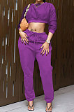 Purple Women Fashion Casual Pure Color Dew Waist Pants Sets AGY68525-1