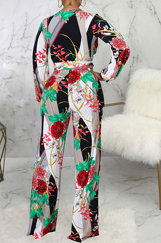 Red Pink Fashion Digital Printing Half Sleeve V Neck Collect Waist Wide Leg Jumpsuits SMR10686-2