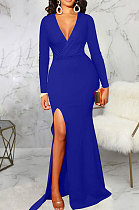 Blue Elegant Sexy Long Sleeve V Neck Collect Waist Plain Color For Party Maix Dress SMR10735-3