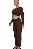 Coffee Women Fashion Casual Pure Color Dew Waist Pants Sets AGY68525-3