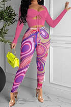 Rose Red Women Solid Color Top Drawsting Sexy Mesh Spaghetti Printing Pants Sets AGY68523-3
