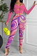 Rose Red Women Solid Color Top Drawsting Sexy Mesh Spaghetti Printing Pants Sets AGY68523-3