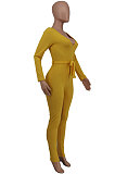 Green New Ribber Long Sleeve V Neck Beltband Slim Fitting Solid Color Jumpsuits ZDD31171-2