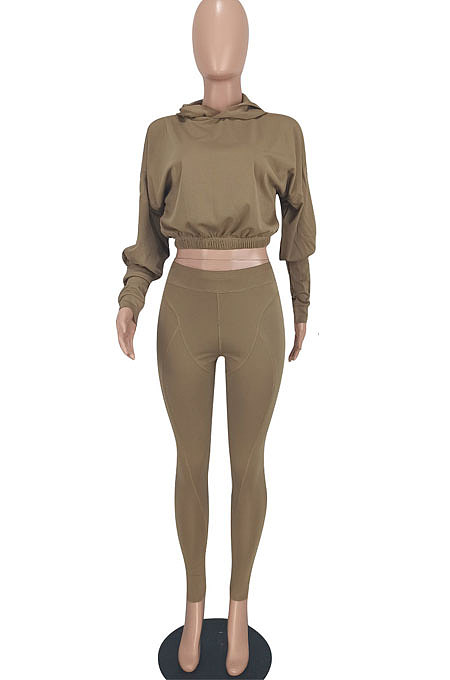 Coffee Women Fashion Casual Dew Waist Pure Color Bodycon Pants Sets ED1072-4