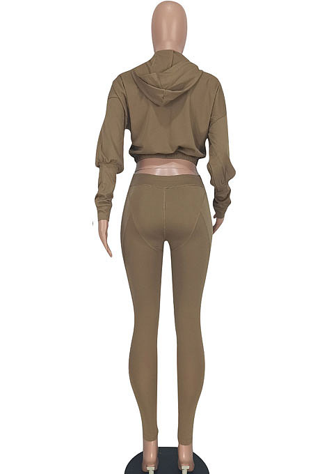 Coffee Women Fashion Casual Dew Waist Pure Color Bodycon Pants Sets ED1072-4