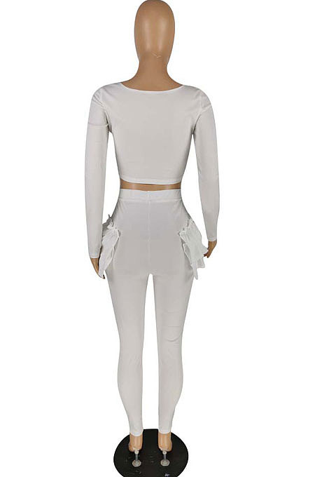 Black Pure And Fresh Women Long Sleeve Square Neck Ruffle Crop Top Trousers Solid Color YYZ943-2