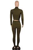 Black Fashion Flocking Leather Spliced Long Sleeve High Neck Zipper Tops Pencil Pants Bodycon Sets YYZ655-2