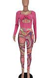 Purple Women Solid Color Top Drawsting Sexy Mesh Spaghetti Printing Pants Sets AGY68523-2