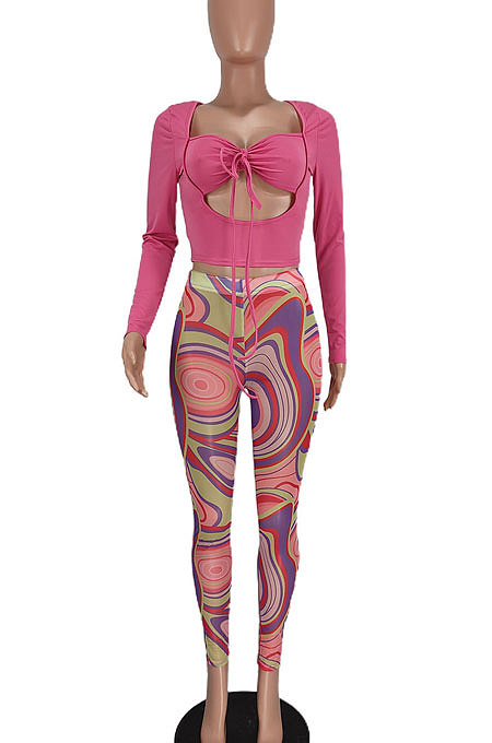 Purple Women Solid Color Top Drawsting Sexy Mesh Spaghetti Printing Pants Sets AGY68523-2