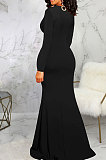 Black Elegant Sexy Long Sleeve V Neck Collect Waist Plain Color For Party Maix Dress SMR10735-2