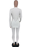 Pink Sexy Ribber Long Sleeve Round Neck Slit Tops Skinny Pants Slim Fitting Solid Color Sets XXR3008-2